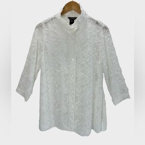 Multiples Textured Tunic Jacket White Shabby Floral Stand Collar Button Front S